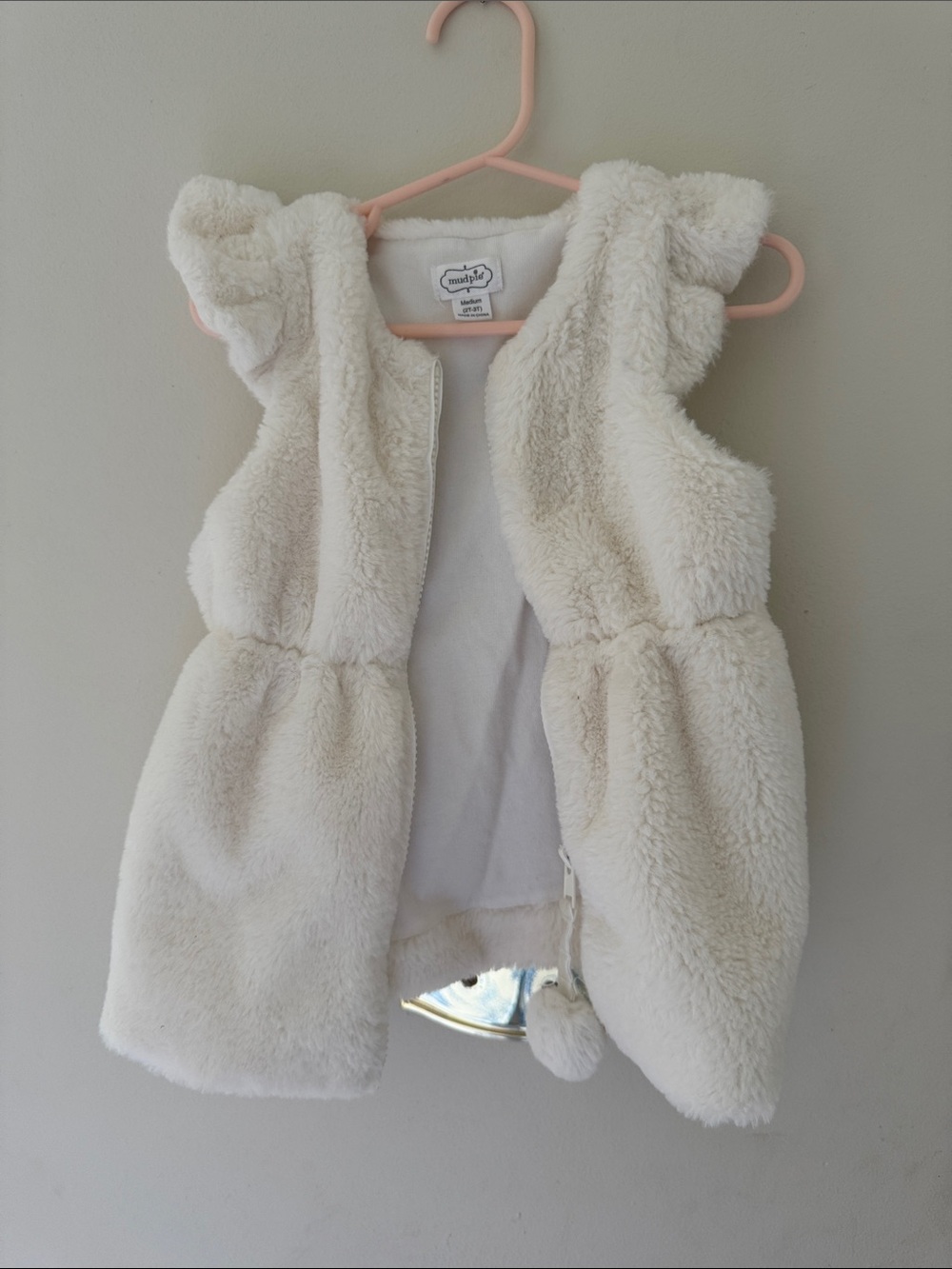 Mud Pie Cream Faux-Fur Hooded Vest with Pom